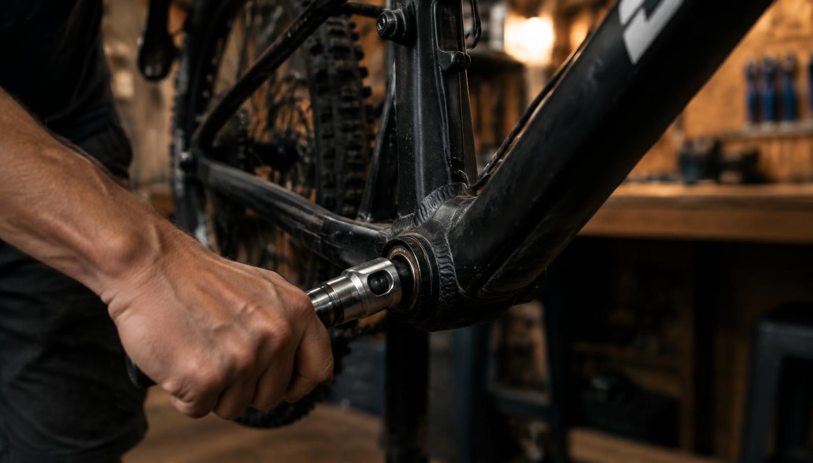 Mécanicien serrant un boîtier de pédalier sur un VTT